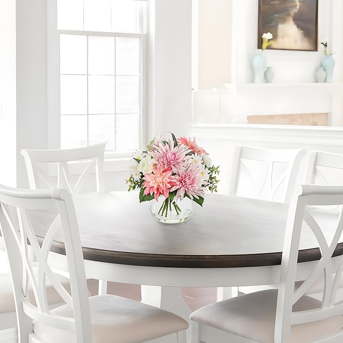 Briful Fake Flower Arrangement in Glass Vase, 11" Faux Dahlia Silk Flowers Centerpiece Table Decorations Pink Mixed Floral Bouquet for Home Office Dining Room Coffee Table Wedding Decor