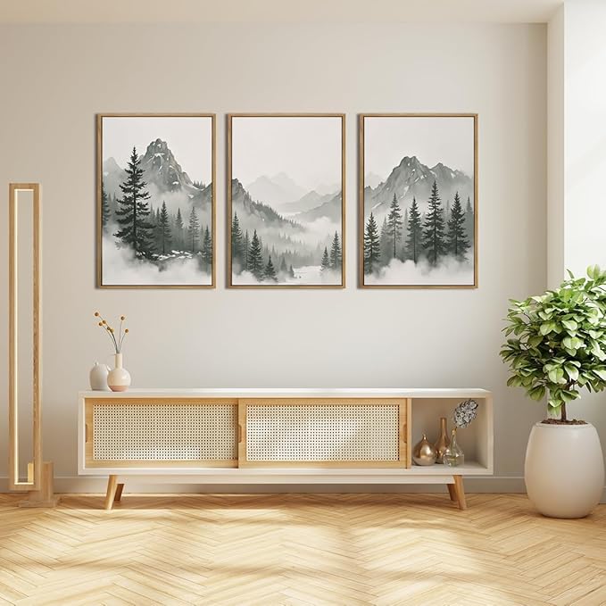 Large Nature Foggy Mountain Pine Trees Framed Canvas Wall Art, Misty Forest Landscape Wall Decor,Watercolor Woodland Scenery Artwork,Modern Art Print for Living Room, Bedroom, Office- 24"x36"x3