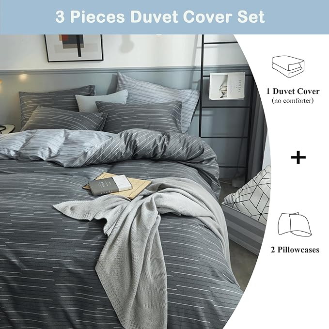 VM VOUGEMARKET 100% Natural Cotton Striped Duvet Cover Set,Gray Stripes Pattern Printed Comforter Cover for Boys Men,Reversible Modern Simple Style Bedding Set