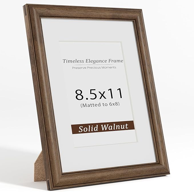 8.5x11 Picture Frame, USA-Sourced Walnut with Tempered Glass, Display 6x8 with Mat or 8.5x11 Without Mat, 8.5 by 11 Photo Frame for Wall&Tabletop Display, Handcrafted Wood Frame, 1 Pack