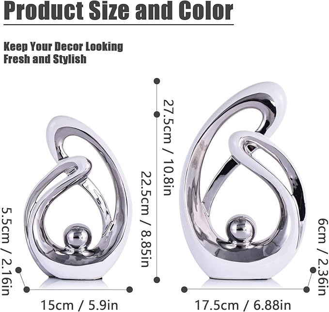 Home Decor Accent,Porcelain Art Mid Century Bookshelf Decorations,Gold Centerpieces for Tables,Abstract Ceramic Statue Sculpture for Coffee Table Mantel Tv Stand Centerpieces (White Silver, Large)