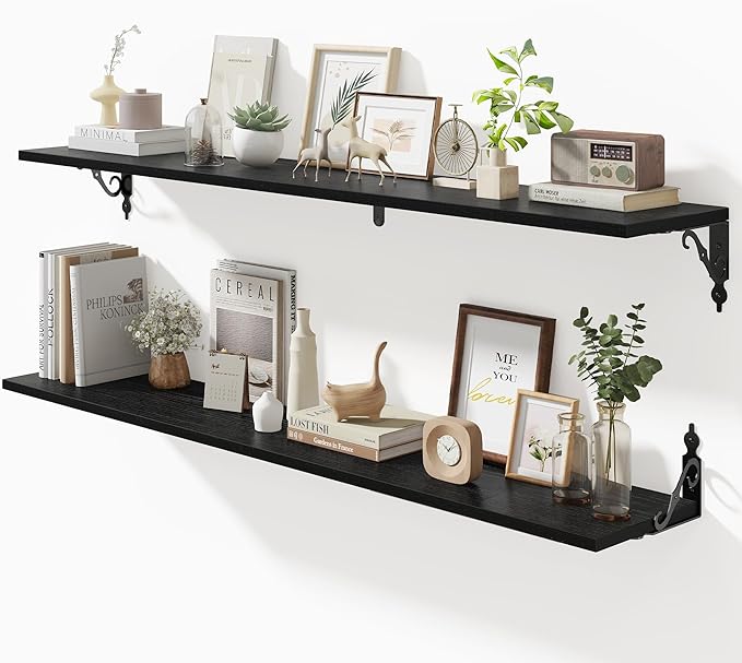 Fun Memories Large Floating Shelves for Wall 48 Inches Long, 8 Inch Deep Shelves with Metal Bracket, 48 Inch Floating Shelves Wall-Mounted, Wide Display & Storage Bookshelves, Black, Set of 2