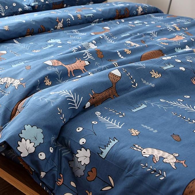 CLOTHKNOW Kids Queen Comforter Sets Blue Cartoon Bedding Comforter Sets Animal Queen Comforter Forest Fox Rabbit Comforter with 2 x Pillow Cases