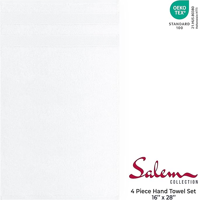 American Soft Linen Salem 100% Cotton Turkish 4 Piece Hand Towels for Bathroom, 600 GSM Soft Absorbent Quickdry Hand Face Towel Set, White