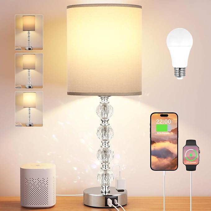 Touch Bedside Crystal Lamps for Bedrooms Nightstand with USB C+A Charging Port and AC Outlet White, 3 Way Dimmable Silver Large End Side Table Lamp for Living/Dinning Room/Kitchen/Bedroom