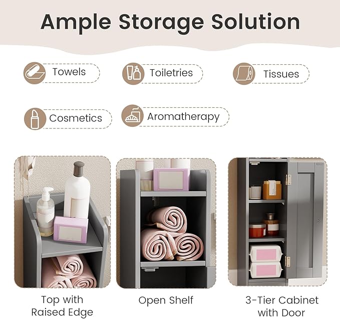 Tangkula Small Bathroom Storage Cabinet with Door, Toilet Paper Holder Stand with Adjustable Shelves & Open Compartment for Small Spaces, Narrow Freestanding Storage, 7 x 7.5 x 31.5 Inches (Grey)