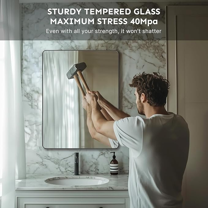 36x24"Bathroom Vanity Mirror for Wall, Aluminum Framed, Farmhouse Rectangle, Anti-Rust, HD Reflection Anti-Desilvering, Distortion Free, Tempered and Shatter-Proof Wall Mounted Mirror, Silver