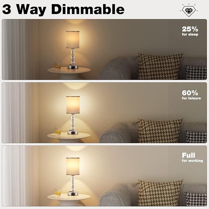 Grey Touch Bedside Lamps for Bedrooms - Crystal Table Lamp with USB C+A Charging Port and AC Outlet Nightstand, 3 Way Dimmable Silver Small End Side Table Lamp for Living/Guest/Dinning Room/Kitchen