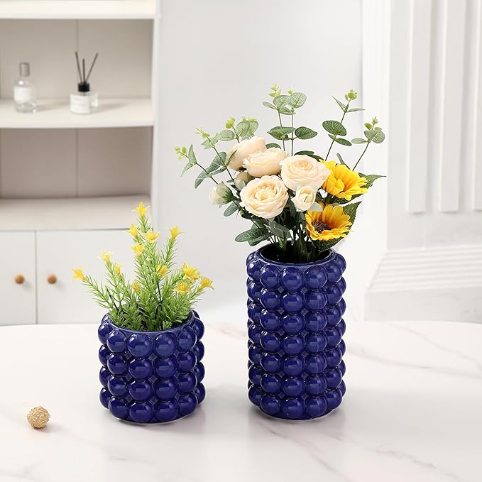 Bubble Vases, Set of 2 Blue Ceramic Vases, Short Vases, Ceramic Flower Vases, Unique Vases, Tall Bubble Vases for Coffe Table Decor, Decorative Vases for Living Room, Dining Table, Wedding