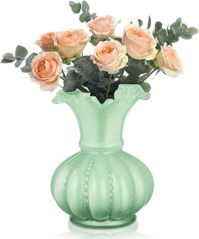 Joeyan Handmade Green Glass Flower Vase,7.9" Vintage Decorative Urn Vase for Centrepieces Bouquet Wedding,Colored Thickened Pedestal Vase Decorations for Rustic Home Living Room Office Farmhouse