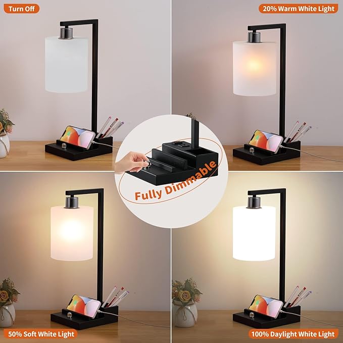 Dimmable Bedside Table Lamp with Dual USB Ports & AC Outlet, Adjustable Brightness & Color Temperature, Phone Holder & Pen Slot Organizer Base, End Table Lamp for Living Room Bedroom Home Office