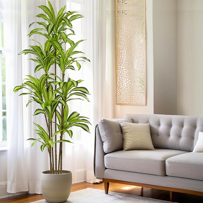 Faux Dracaena Tree 7ft(84in) Artificial Plant with Realistic Leaves and Trunks,Fake Floor Potted Tall Artificial Trees for Home Office Decor Indoor (7Feet,1Pack)