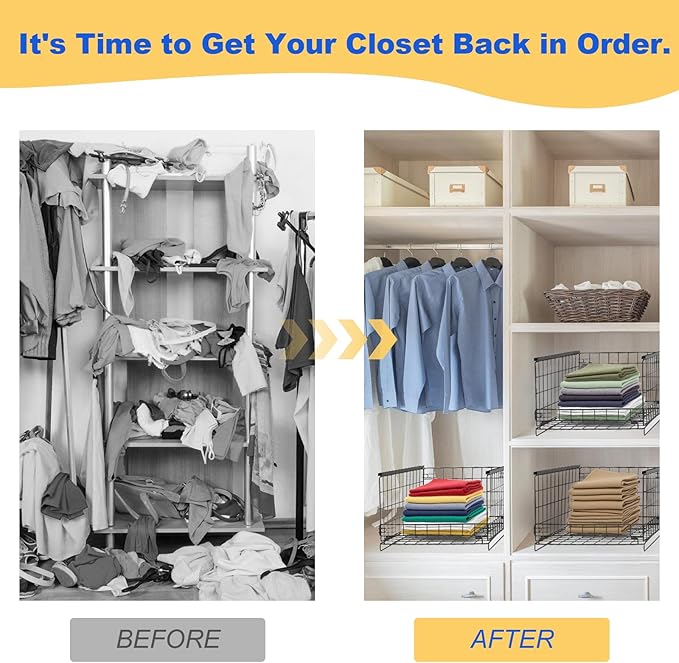 4-Tier Stackable Closet Storage Organizers, Storage Shelves, Clothes Basket, Clothes Shelf Organizer for Living Room Wardrobe Kitchen Bathroom Office, Black