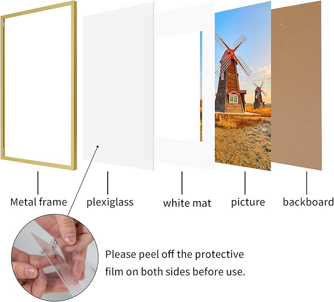 12x16 Metal Picture Frame Set of 2, 12 x 16 Aluminum Photo Frames with 8.5x11 Mat - Sawtooth Hangers, Spring Clips for Wall Mounting Horizontal and Vertical(Gold)