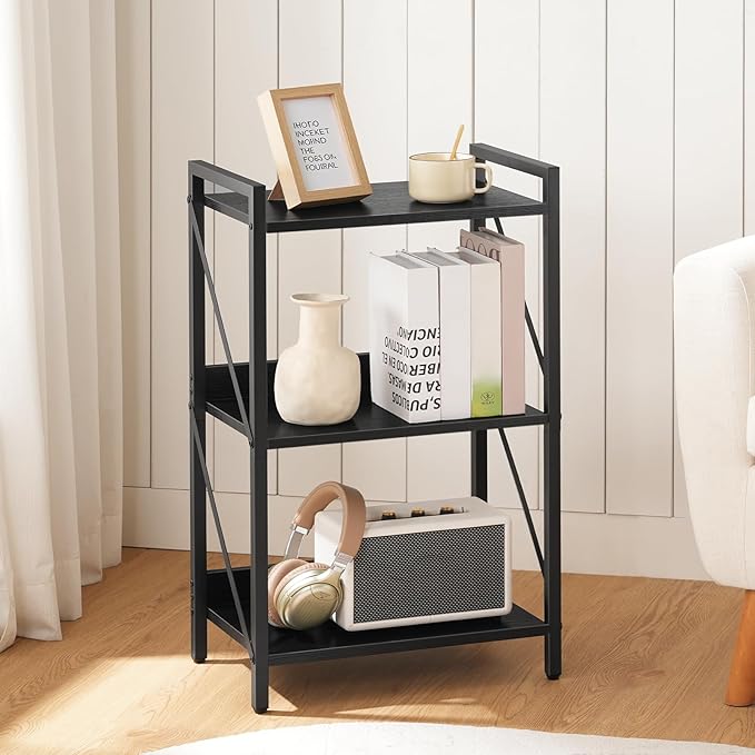 HOOBRO Bookshelf, 3-Tier Industrial Bookcase, Book Shelf Storage Organizer, Small Bookshelf with Metal Frame for Living Room, Bedroom, Home Office, Kitchen, Black BB71SJ01
