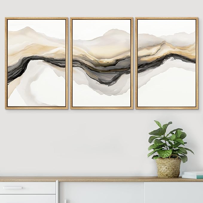 SIGNWIN Framed Canvas Print Wall Art Set Gold Gray Smoke Wave Landscape Abstract Shapes Illustrations Modern Art Decorative Contemporary Colorful for Living Room, Bedroom, Office - 16"x24"x3 Natural
