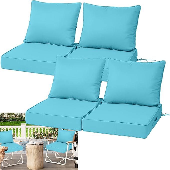 Waterproof Outdoor Chair Cushion Set of 4, 22x22x4 IN Deep Seat Patio Cushions with Fade Resistant Removable Cover,Outdoor Cushions for Patio Furniture with Ties&Handle for Chair Sofa Couch,Lake Blue