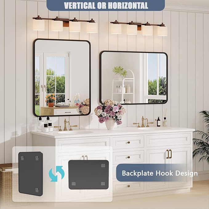 22×30 Black Bathroom Mirror for Over Sink - Rectangle Bathroom Vanity Mirror Wall Mounted with Matte Aluminum Frame & Rounded Corners, Shatterproof Tempered-Glass, Horizontal/Vertical