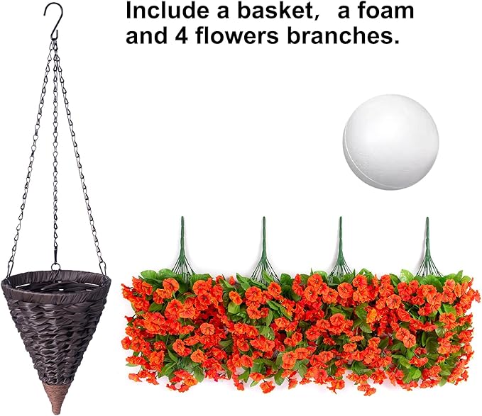 Artificial Fake Fall Hanging Flowers Plants with Basket for Outdoor Decor, Faux Silk Realistic Morning Glory Floral Arrangement Planter UV Resistant for Outside Porch Patio Balcony Garden (Orange)