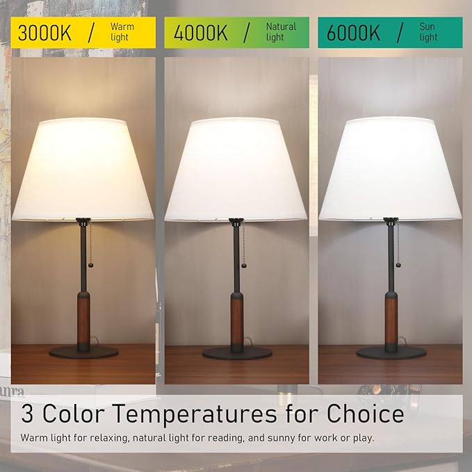 21" Table Lamps for Night Stands Bedside Lamp for Living Room Bedroom Lamp for End Tables 3-Color Pull Chain Switch Walnut Wood Fabric for Home/Office/Desk Decor (Off White+Sand Black)