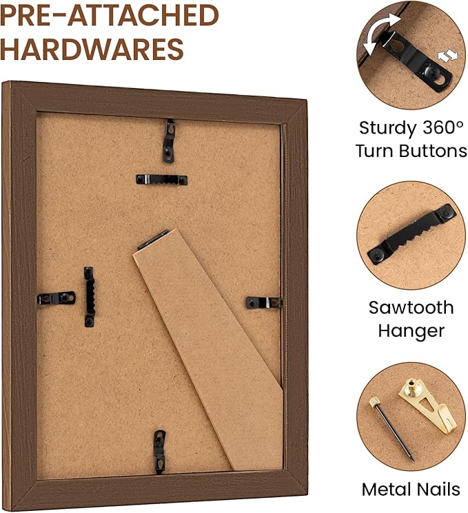 8x10 Picture Frame, USA-Sourced Walnut Wood Frame with Tempered Glass, Display 5x7 with Mat or 8x10 Without Mat, 8 by 10 Photo Frame for Wall & Tabletop Display, Handcrafted Wood Frame, 1 Pack