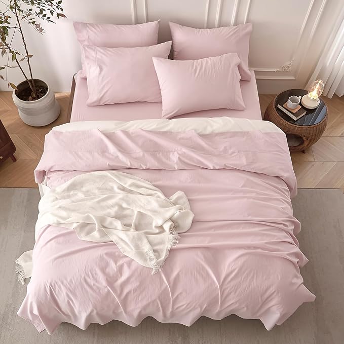 6PS Linen Like Bedding Sheet Sets Greyish Pink Cotton Bedding Set Oeko-TEX Standard 100% Washed Cotton Deep Pocket King Size Fitted Sheet Plus Cozy Flat Sheet and 4 Pillowcases
