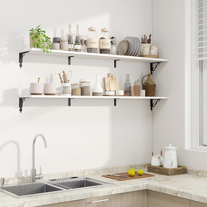 Fun Memories 55 Inch Floating Shelves, Long Floating Shelves Wall-Mounted, 8 Inch Deep Bookshelf with Bracket, 55" W x 8" D Shelves for Wall Display & Storage, White, Set of 2