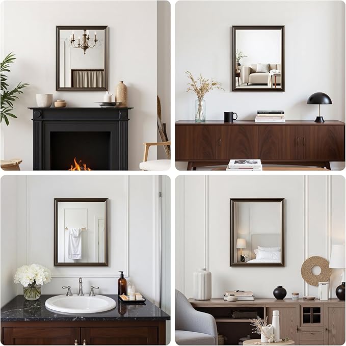 Retro Copper Effect Framed Wall Mirror, 24x36 Rectangle Mirror, 1/8"Anti-desilvering Tempered Glass, Sustainable&Sturdy Frame, Anti-Rust, HD Reflection &3min Fast Setup for Bathroom Living Room