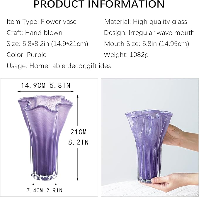 8'' Blown Glass Flower Vase for Home Wedding Modern Centerpieces Decorative (Purple)