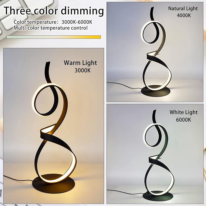 LED 3Color Touch Dimming Table Lamps,Knight Art lamp，Spiral lamp，Aluminum Touch Lamps Modern，Living Room Table Lights, Bedroom LED Bedside Light (Black)