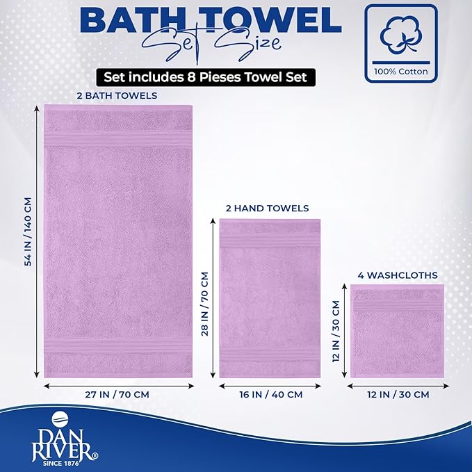 DAN RIVER 8 PC Luxury Bath Towels for Bathroom, 2 Bath, 2 Hand, and 4 Wash Cloths, 600 GSM 100% Ring Spun Cotton Towel Set, Highly Absorbent, Gym, Hotel, and Spa, Lavendar