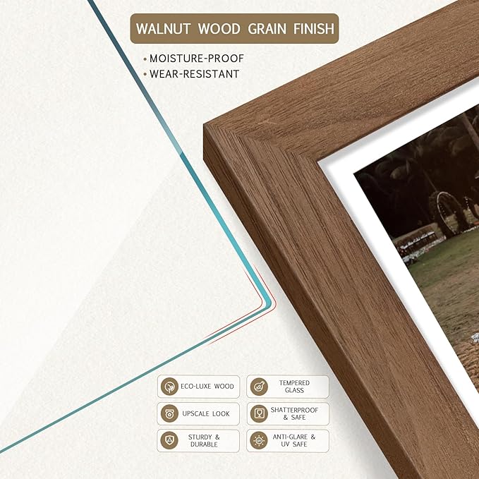 11x14 Picture Frame Walnut - 4 Pack, Brown Wood Grain Photo Frame, HD Tempered Glass, Display 11x14 or 14x11 Photos, Wall Hanging