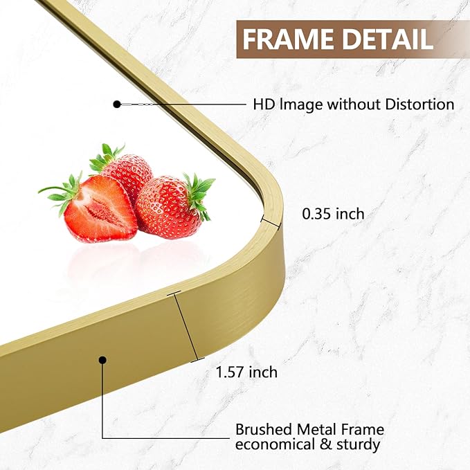 24x36 Inch Gold Mirror, Framed Rectangle Mirror with Rounded Corner, Brushed Brass Mirror, Gold Bathroom Mirror for Over Sink, Vanity, Living Room, Bedroom, Horizontal/Vertical