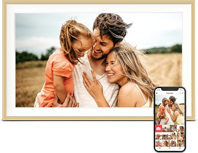 Digital Picture Frame, 15.6 inch Large Digital Photo Frame WiFi, 32GB Capacity, 1920 * 1080 IPS FHD Touch Screen, Electronic Frame Slideshow, Tabletop&Wall-Mounted, Gifts for Mom, Women, Golden