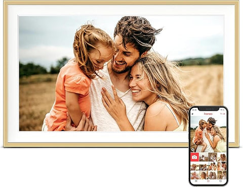 Digital Picture Frame, 15.6 inch Large Digital Photo Frame WiFi, 32GB Capacity, 1920 * 1080 IPS FHD Touch Screen, Electronic Frame Slideshow, Tabletop&Wall-Mounted, Gifts for Mom, Women, Golden