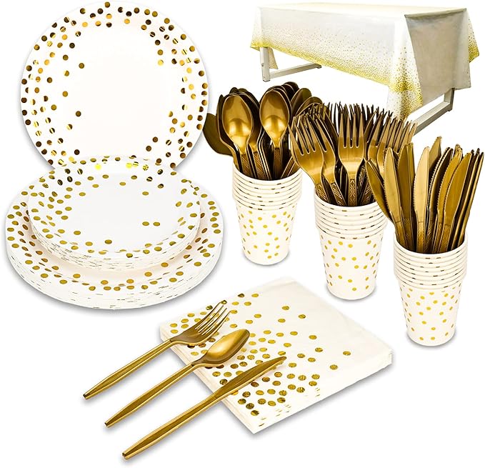 176 Pieces Gold Disposable Party Dinnerware Set &Golden Dot Disposable Party Dinnerware - Black Paper Plates Napkins Cups, Gold Plastic Forks Knives Spoons