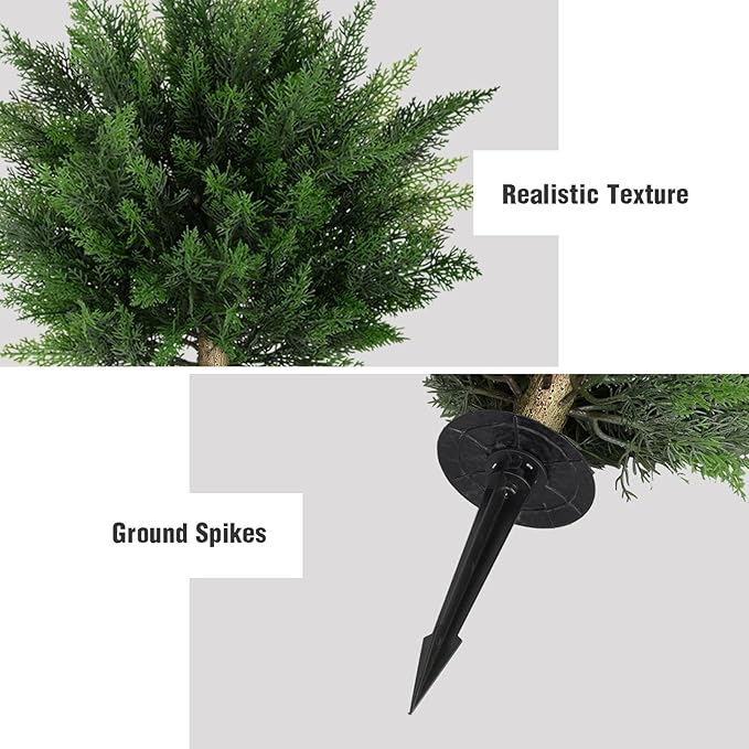 19.69 Inch 2 Set Artificial Cypress Topiary Tree, Outdoor Indoor Faux Boxwood Bush Plants, Fake Cedar Potted with Ground Spike for Home Front Porch Decor Outside Garden