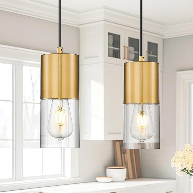 2-Pack Pendant Lights Kitchen Island, Brushed Gold Shade Hanging Lights Fixtures with Cylinder Clear Glass, Brass Kitchen Pendant Lighting Over Island for Dining Room, AD-24023-1P2-GD