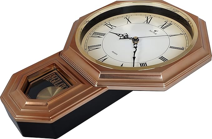 JUSTIME Traditional Schoolhouse Gradient Roman Regulator Wall Clock, Chiming Wall Clocks with Pendulum & Westminster Chime Hourly, Schoolhouse Wall Decor Battery Operated (Vintage Copper)