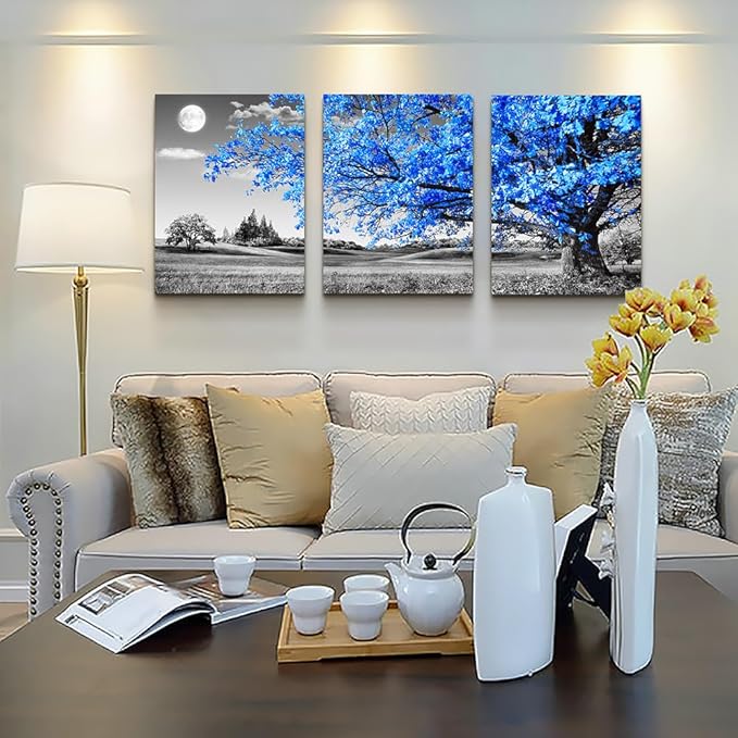 DZRWUBHS Canvas Wall Art For Living Room Modern Wall Decor For Office Black And White Blue Tree Wall Painting Scenery Wall Pictures Artwork For Bedroom Room Home Decor Prints Art 16" X 24" 3 Piece