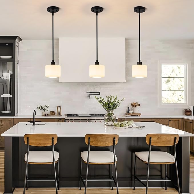 Milk Glass Pendant Lights Kitchen Island, 1-Light Modern Black Hanging Light Fixtures with Rods, Mini Kitchen Pendant Lighting Over Island for Sink Bathroom, OS-YQ8153-1PBK