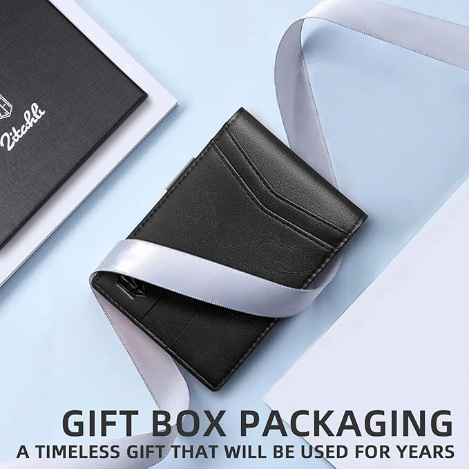 Zitahli Slim Wallet for Men Gifts 12 Card Slots ID Window With Money Clip Minimalist RFID Front Pocket Bifold Leather Small Thin Gift Box Dad Birthday Christmas Regalos Hombres