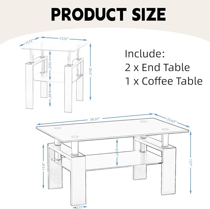 IANIYA 3 Piece Living Room Table Set, Modern Tempered Glass Coffee Table Set, Glass Coffee Table Black Metal Frame End Table for Living Room Apartment Small Space, White