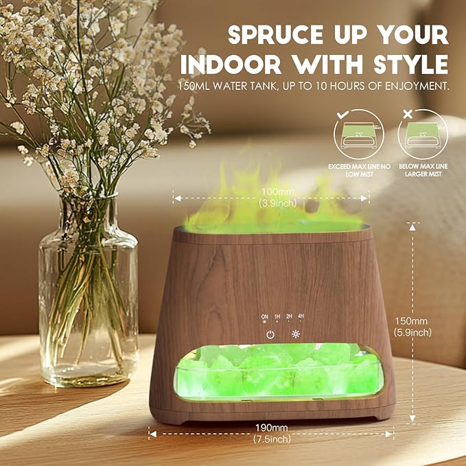 SALKING Colorful Flame Fire Diffuser Humidifier, Himalayan Salt Lamp, 7 Colors Changing Oil Diffuser, Ultra-Quiet Essential Oils Aromatherapy Diffusers for Large Room, Bedroom,150ml (Dark)