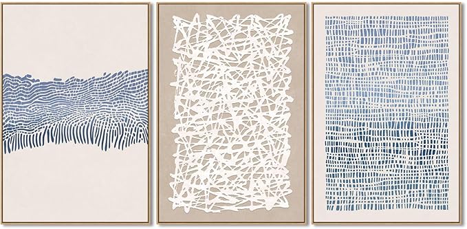SAFERRYHOME Mid Century Neutral Blue Contrast Boho Wall Art - Modern Framed Canvas Prints Large Abstract Zen Lines Geometric Pattern Decor for Living Room, Home Office, Dining Room - 3 Pieces 24x36 Inch