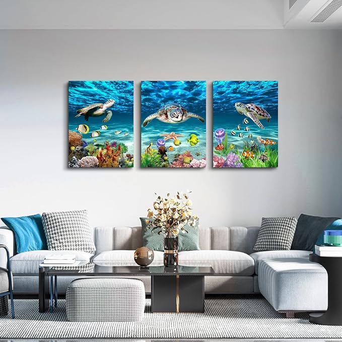 DZRWUBHS Large Canvas Art - Blue Ocean Sea Turtle Wall Painting Set of 3 for Living Room, Bedroom, Modern Office, Bathroom Decor