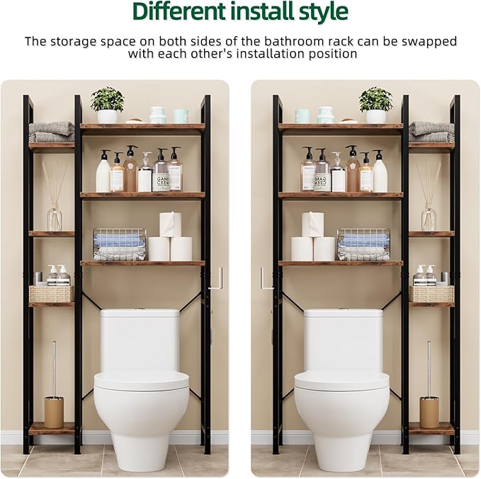 OTK Over The Toilet Storage with 7-Tier Bathroom Organizer Shelf, Freestanding Space Saver with Hooks & Adjustable Feet, Storage Rack for Bathroom, Restroom, Laundry, Vintage