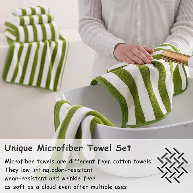 18 Pcs Green Cabana Stripe Family Towels Set with Hanging Loop-6 Bath Sheets,6 Hand Towels,6 Washcloths Ultra Soft Bathroom Towel Highly Absorbent Quick Dry Shower Towel for Beach Chair,Spa,Gym,Hotel