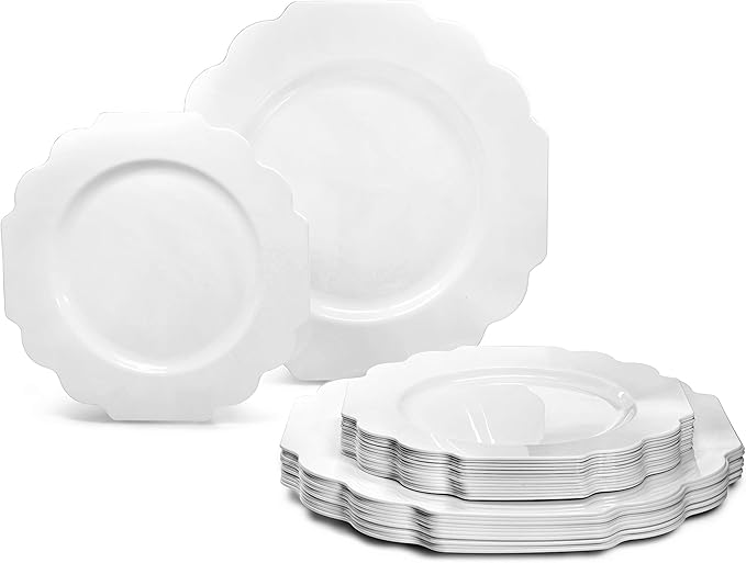 " OCCASIONS " 50 Plates Pack (25 Guests)-Heavyweight Wedding Party Disposable Plastic Plate Set -(25x10.5'' Dinner + 25x8'' Salad/Dessert) (Imperial in White)
