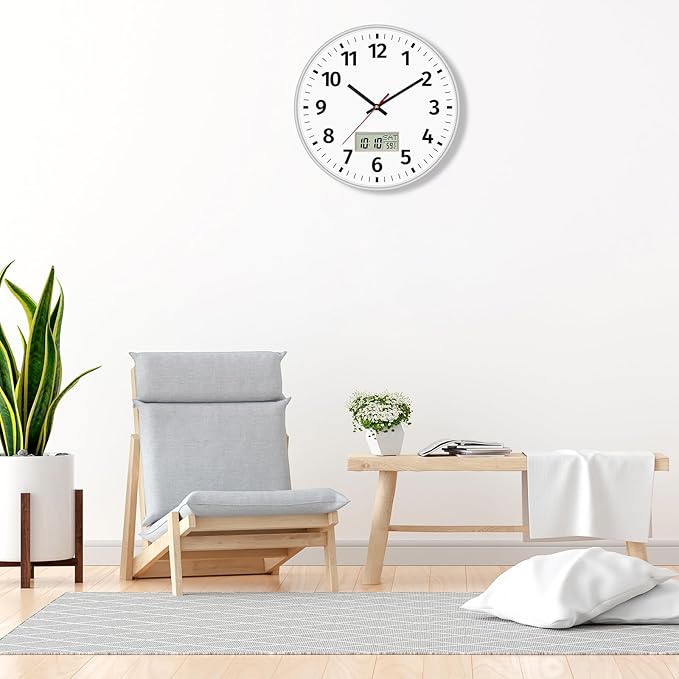 Foxtop Digital Wall Clock with Time, Day of Week and Temperature, Silent Non-Ticking Battery Operated Round Digital and Analog Wall Clock for Classroom Office Bedroom Home School (12 Inch, Silver)
